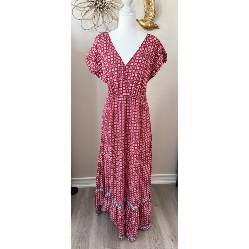 Max Studio Red Geometric Print Maxi Dress V Neck Elastic Waist Boho Medium
